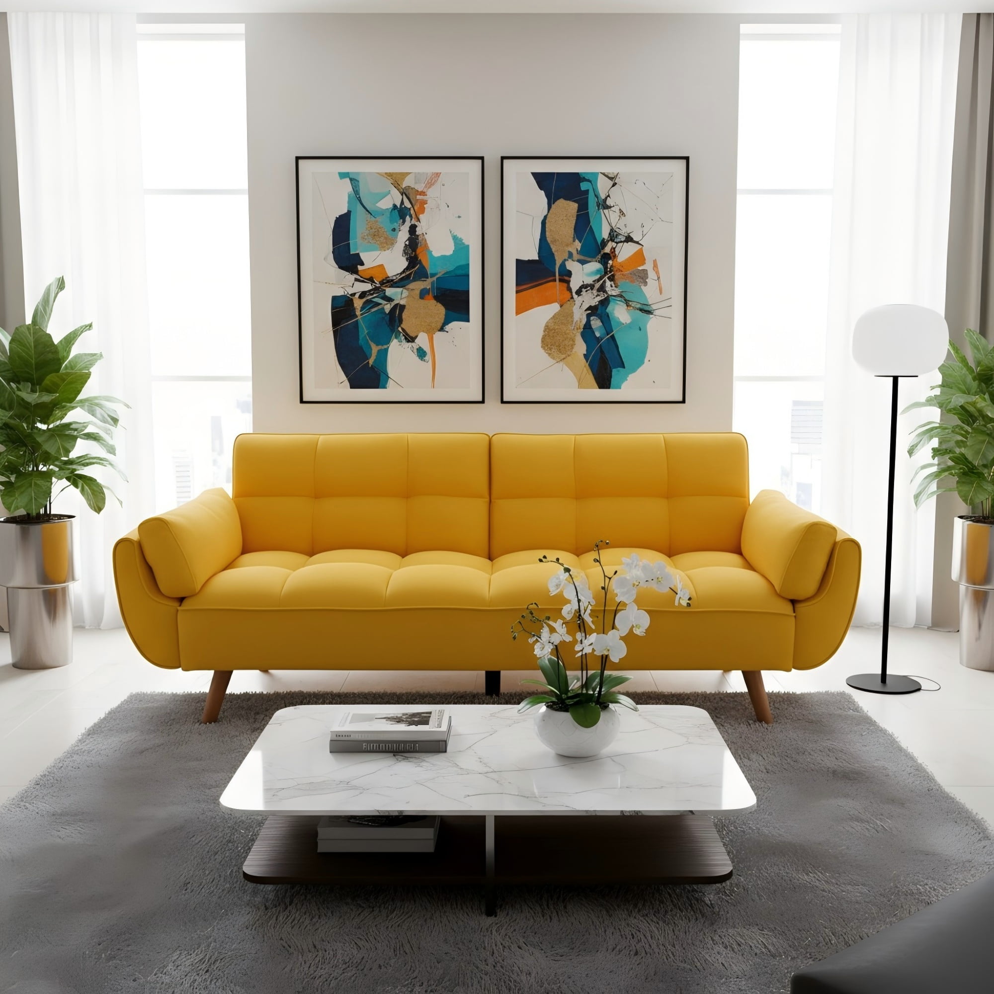 Gewnee Mid-Century Modern Yellow Sofa - Solid Eucalyptus Wood Frame, 500 lbs Capacity, S-Shaped Springs for Apartments, Living Rooms, Studies