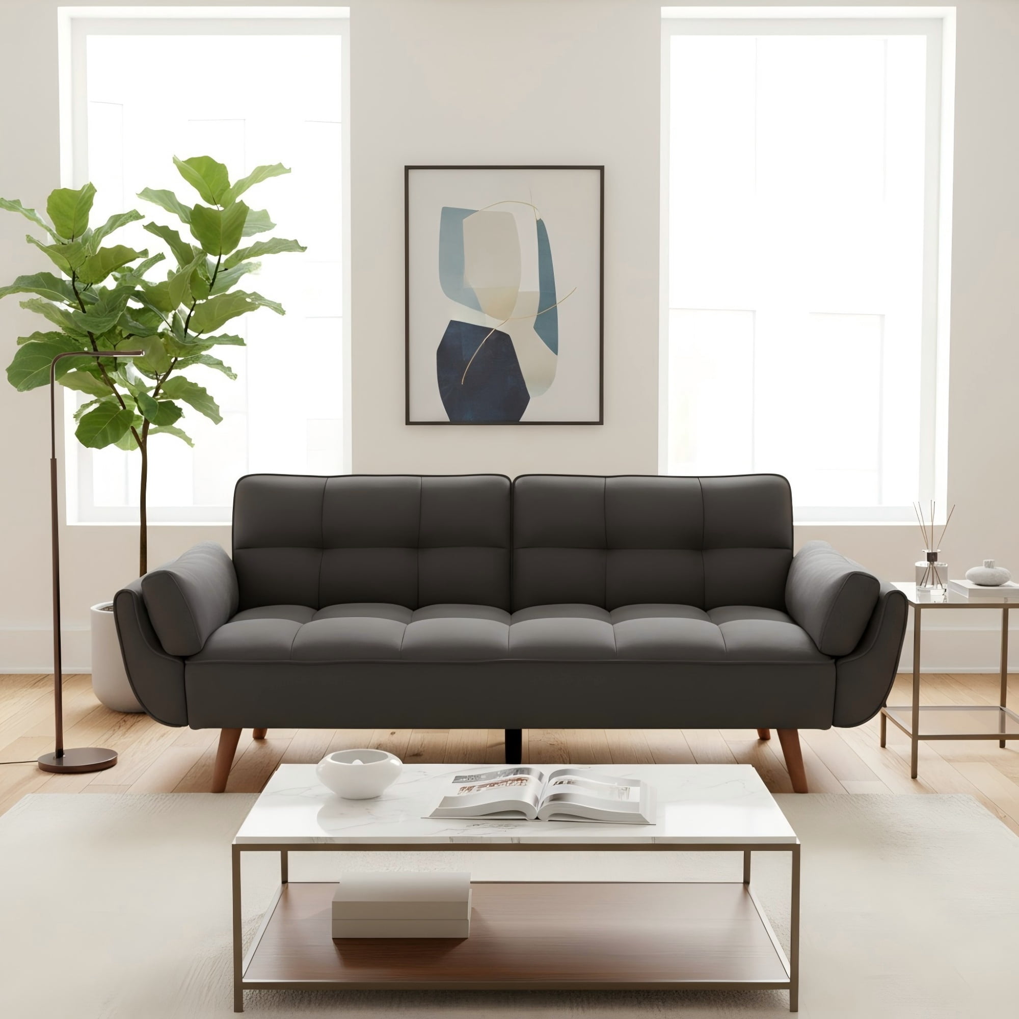Gewnee Mid-Century Modern Dark Gray Sofa - Solid Eucalyptus Wood Frame, 500 lbs Capacity, S-Shaped Springs for Apartments, Living Rooms, Studies