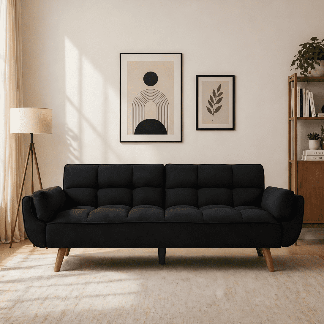 Gewnee Mid-Century Modern Sofa, Solid Eucalyptus Wood Frame, S-Shaped Springs, 500 lbs Capacity, Living Room, Black