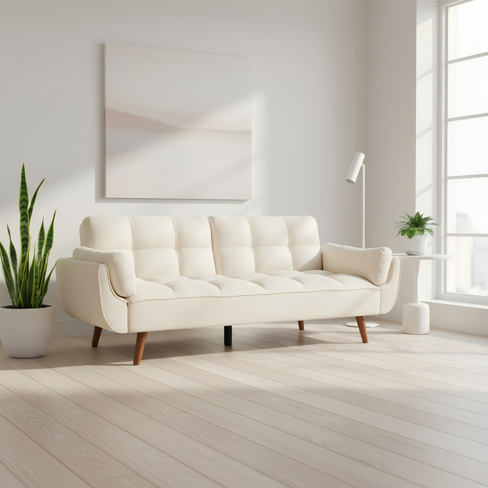 Gewnee Mid-Century Modern Beige Sofa - Solid Eucalyptus Wood Frame, 500 lbs Capacity, S-Shaped Springs for Apartments, Living Rooms, Studies