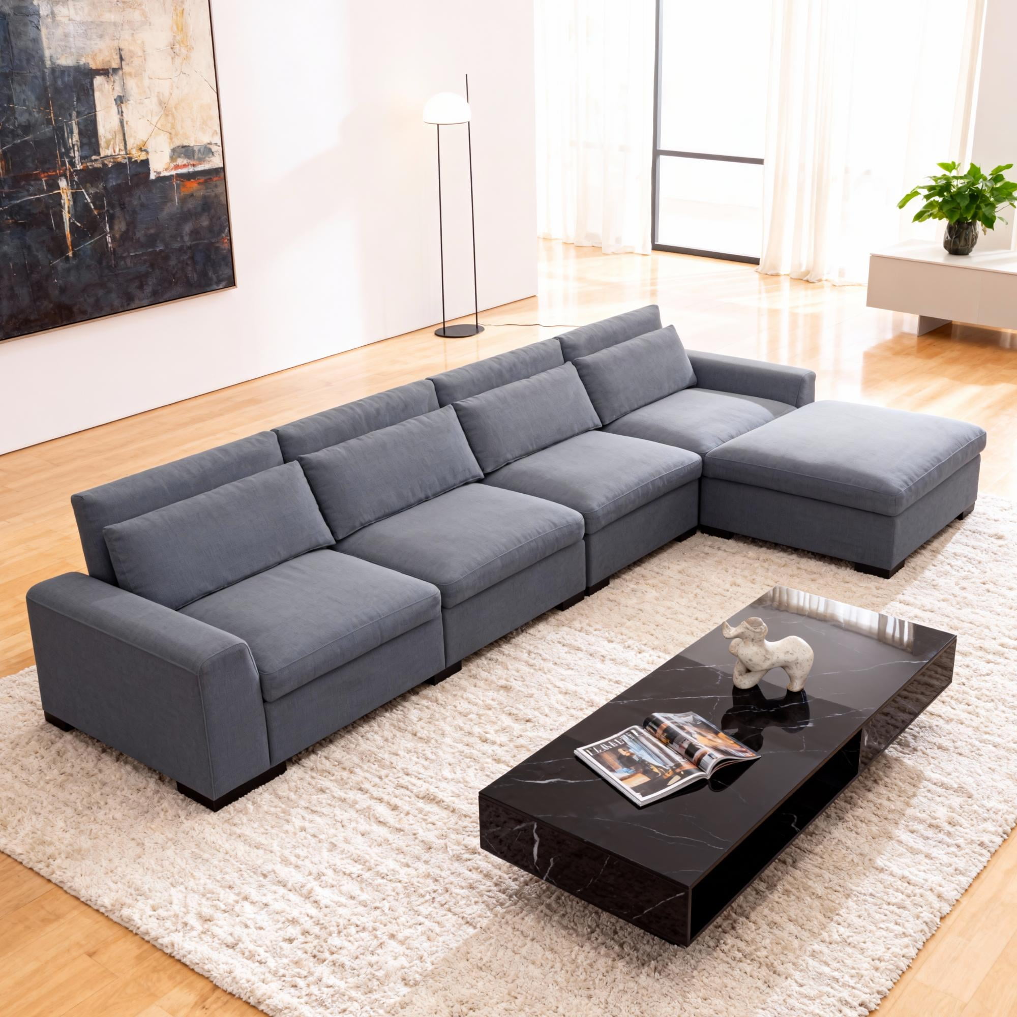 Gewnee Modern 149" Modular Sectional Sofa with Ottoman,Extra Wide & Deep,Removable Washable Covers,Includes 3 Lumbar Pillows for Living Room,Office.Dark Grey