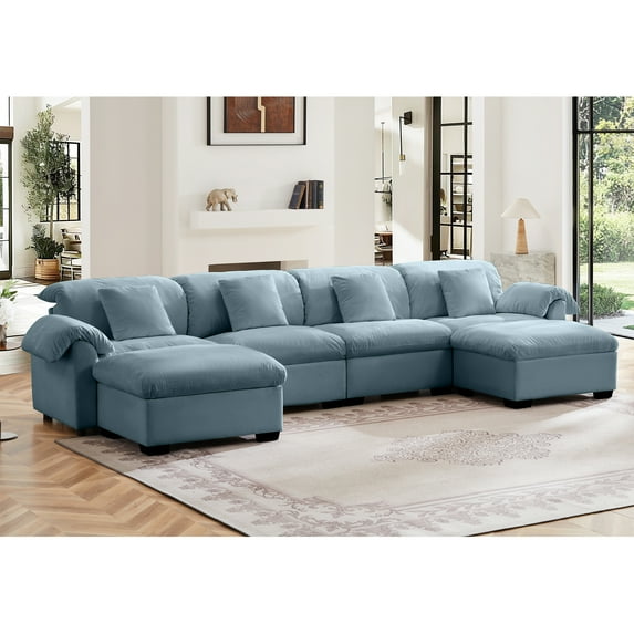 Gewnee Modern 4 Seaters 154.7"Deep Seat Comfy Velvet Oversize Sofa Couch with 1 Storage Footstool and 4 Waist Pillows for Living Room