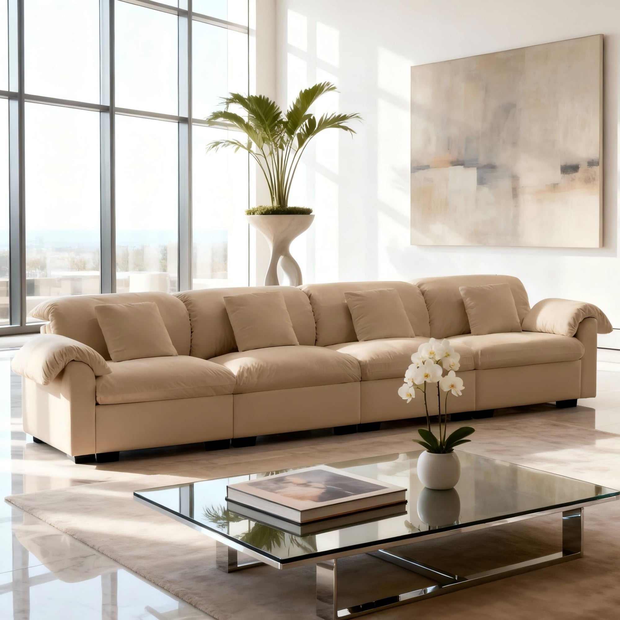 Gewnee Modern 4 Seaters 154.7"Deep Seat Comfy Velvet Oversize Sofa Couch with 4 Waist Pillows for Living Room