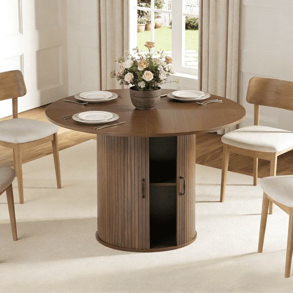 Gewnee Modern 47”Round Dining Table with Storage Shelf for 4,Small Space Kitchen Table with Open Shelf and Cabinet,Wood Grain MDF Pedestal Dining Table for Living Room,Dining Room