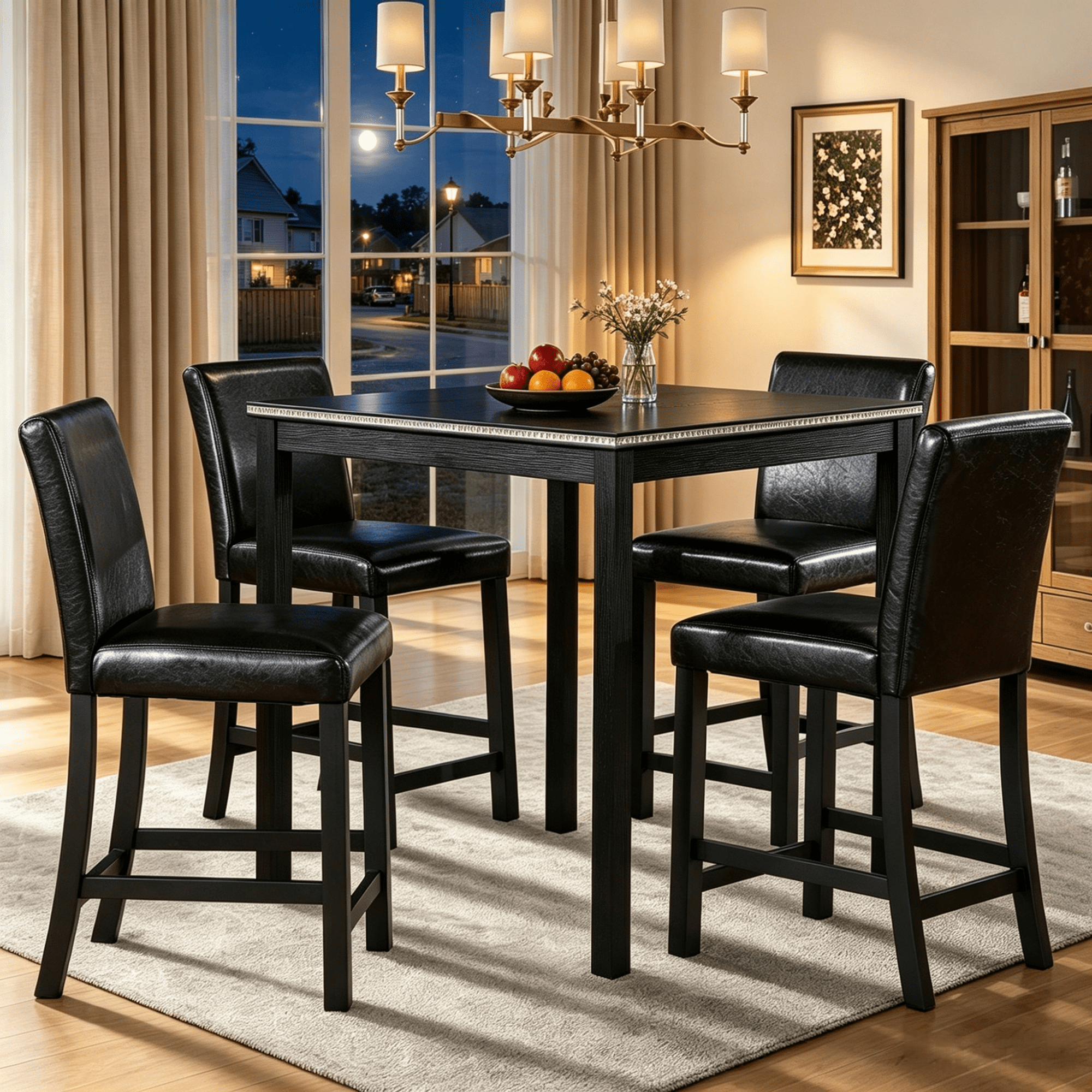 Gewnee Modern 5 Piece Dining Table Set,Counter Height Dining Table with Crystal Decoration and 4 PU Upholstered Chairs for Kitchen,Dining Room,Black