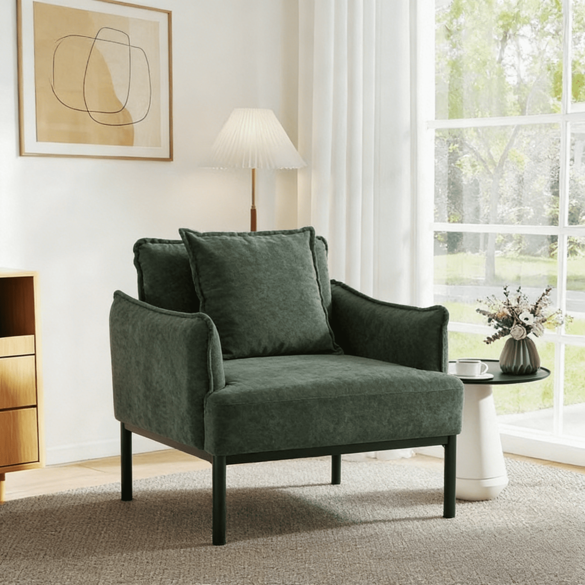 Gewnee Modern Accent Chair,32 Inch Curved Armrest Fabric Chair with Pillow,Lounge Chair for Living Room,Bedroom,Office,Green