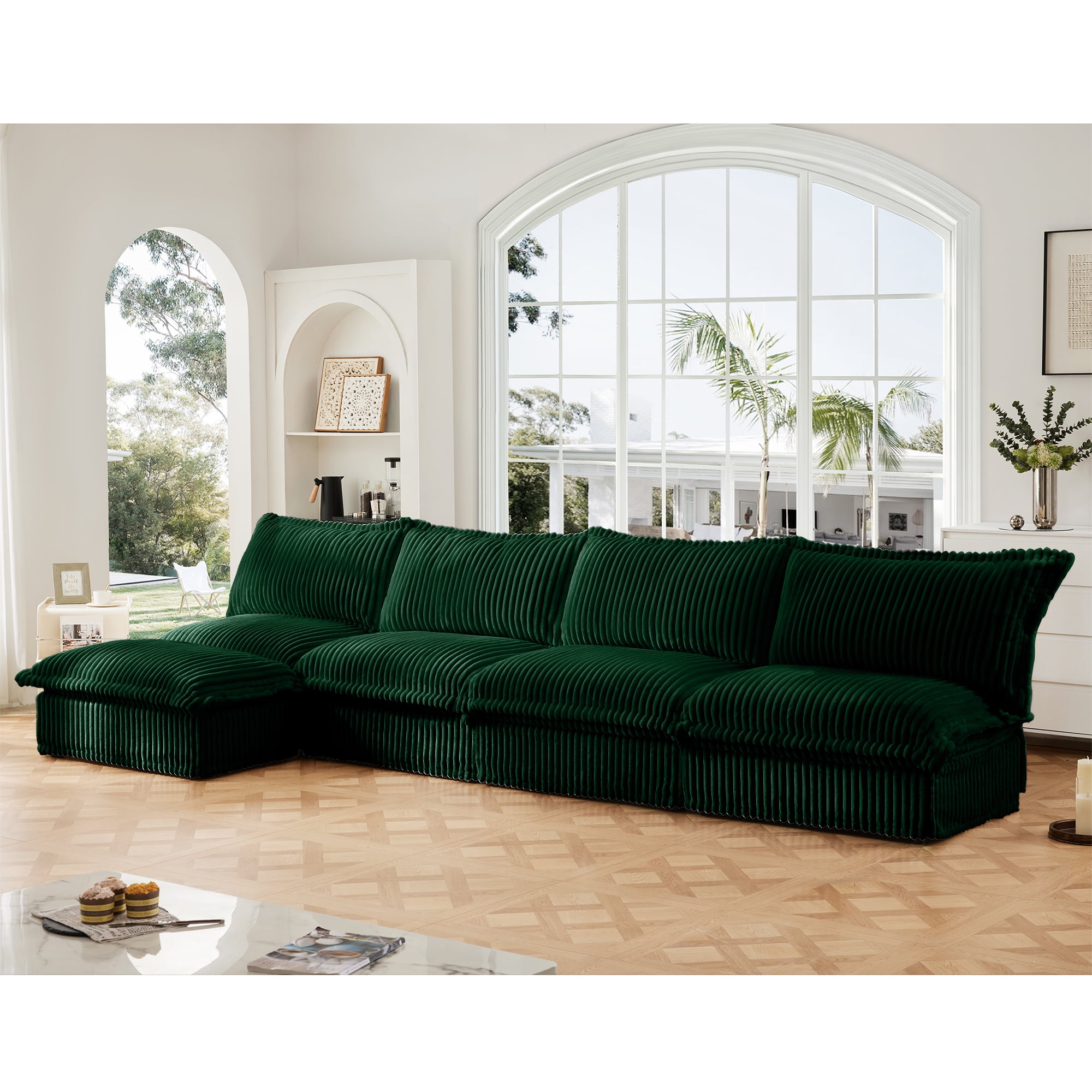 Gewnee Modern Armless Oversize 4 Seater Deep Seat Sectional Sofa With Ottoman,Free Combination L Shape Green Corduroy Sofa Couch For Living Room