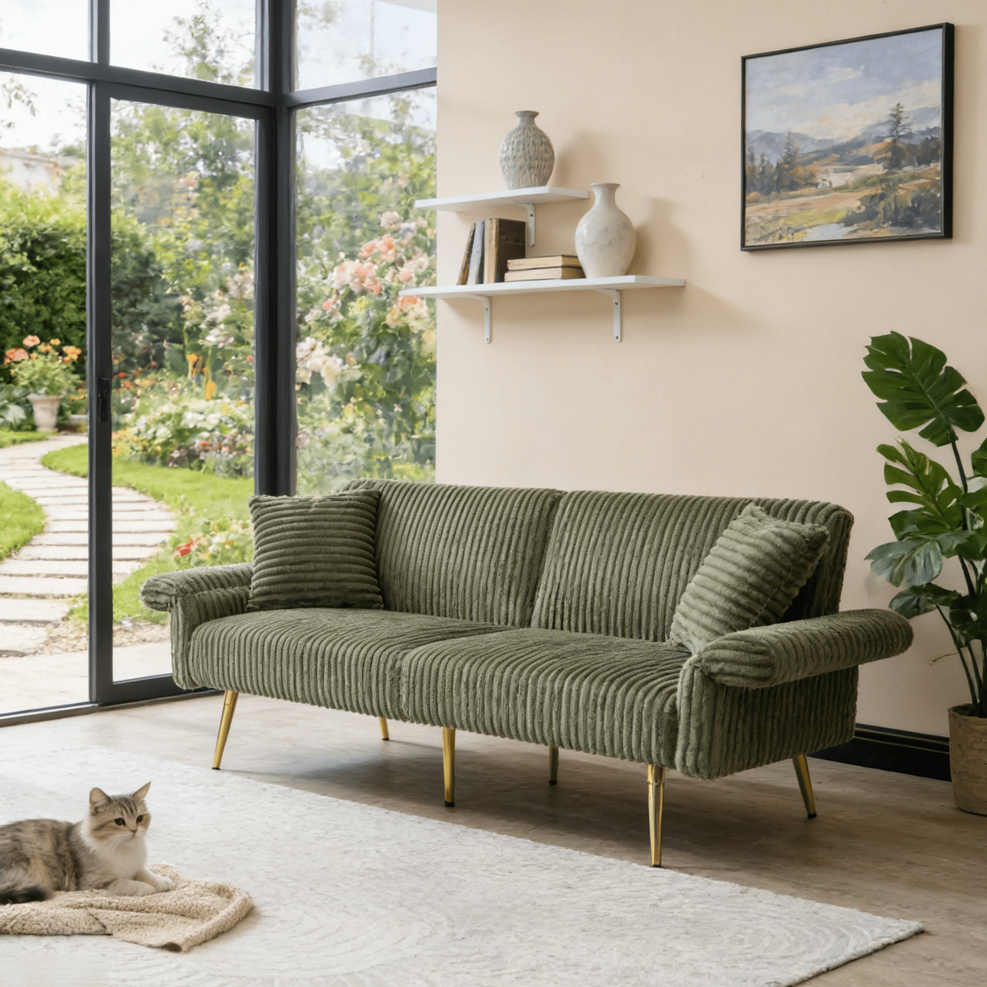 Gewnee Modern Corduroy Futon Sofa - Adjustable Backrest Convertible Sleeper, Soft Couch for Living Room & Small Apartment