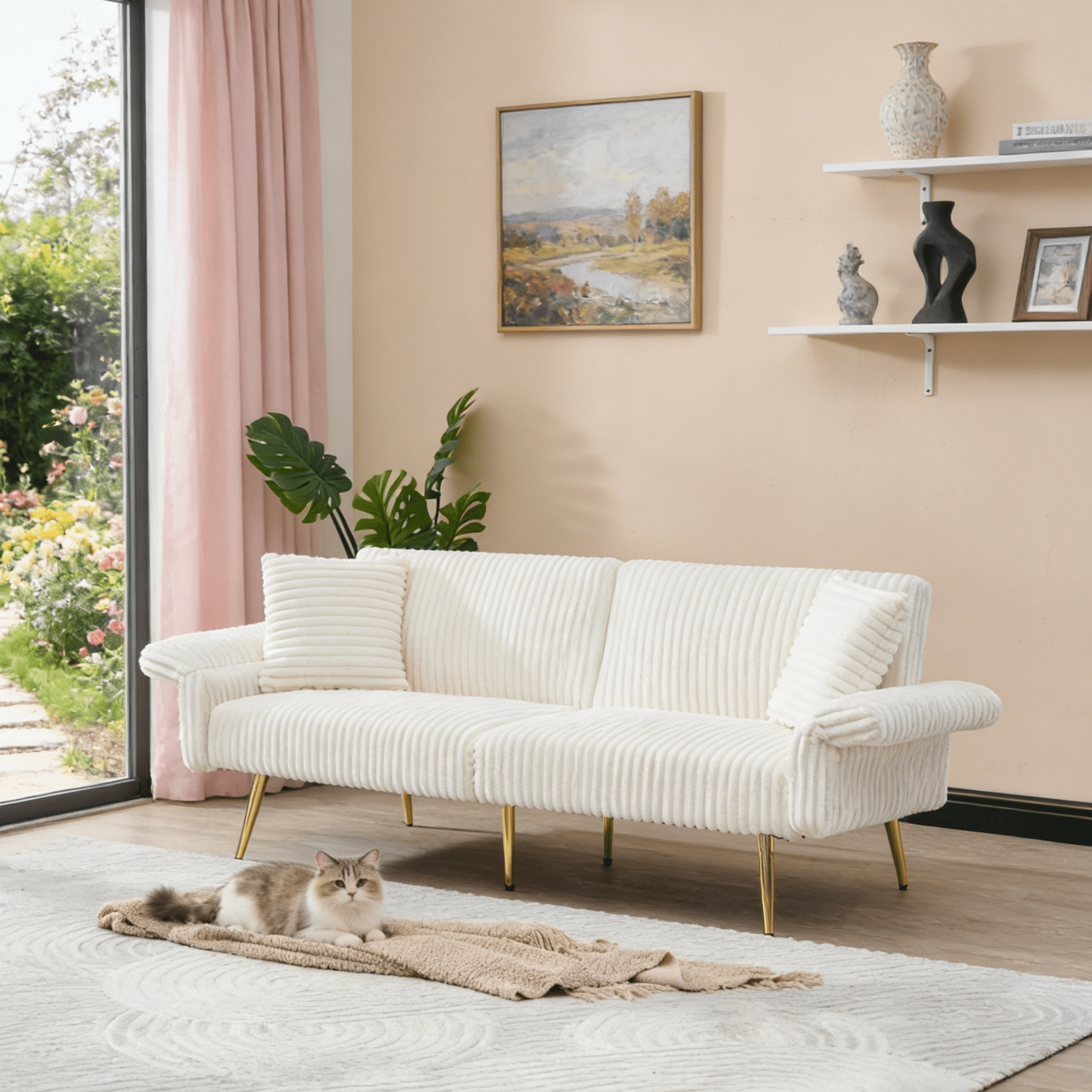 Gewnee Modern Adjustable Backrest Futon Sofa - Soft Corduroy Convertible Sleeper for Living Room, Dorm Room & Compact Space