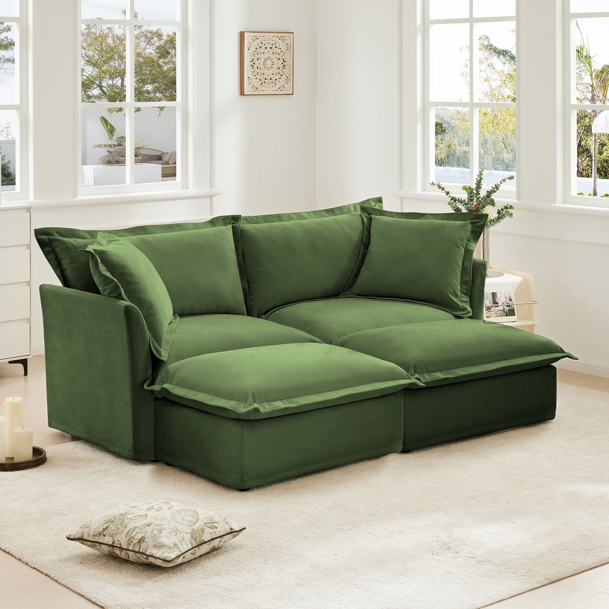 Gewnee Modern Deep Seat 2 Seater Sofa With 2 Ottomans, Slipcovered Chenille Green For Living Room,
