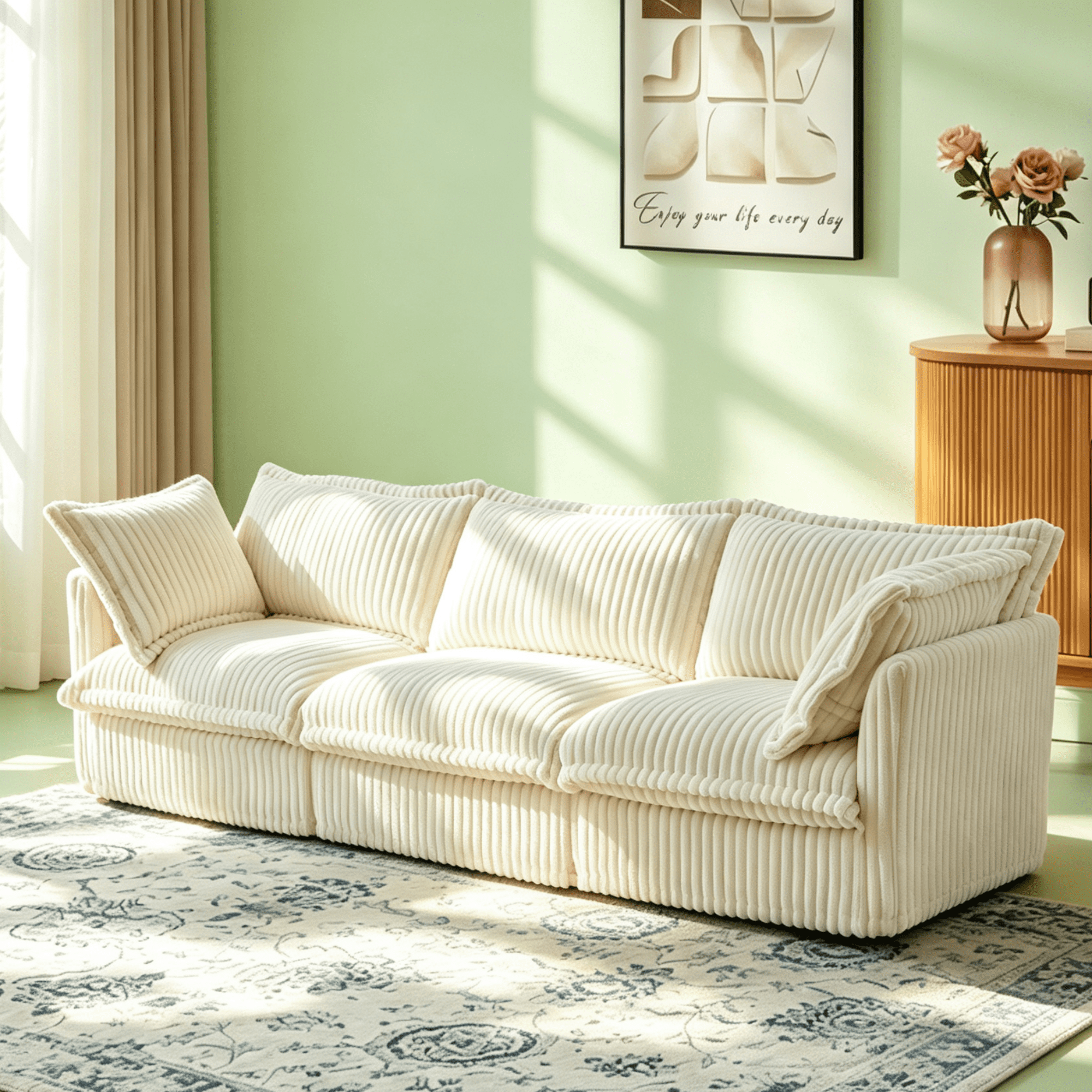 Gewnee Modern Deep Seat 3 Seater Sofa Couch,Cream Corduroy Fabric Soft Multiple Big Pillows, Comfy Couch for Living Room, Apartment