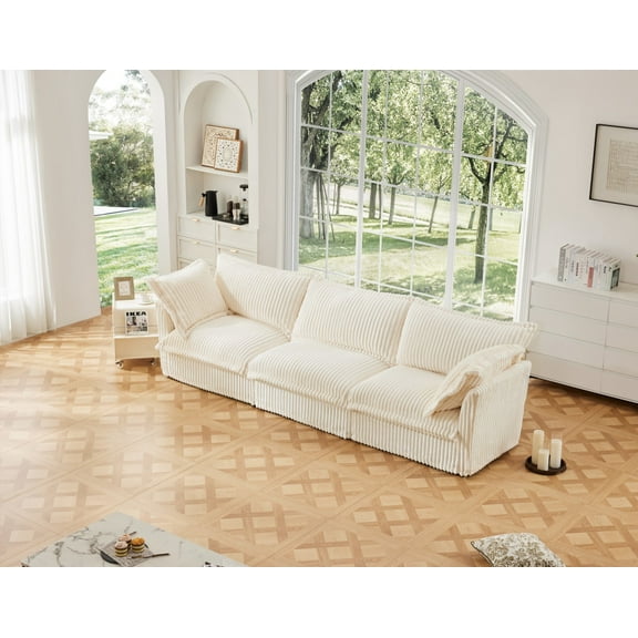 Gewnee Modern Deep Seat 3 Seater Sofa Couch,Cream Corduroy Fabric Soft Multiple Big Pillows, Comfy Couch for Living Room, Apartment,