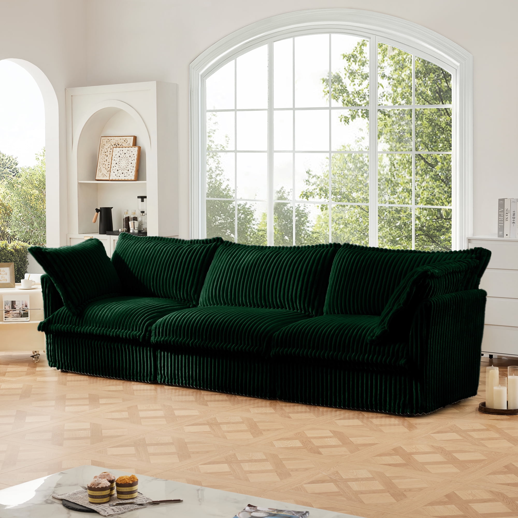 Gewnee Modern Deep Seat 3 Seater Sofa Couch,Green Corduroy Fabric Soft Multiple Big Pillows, Comfy Couch for Living Room, Apartment,