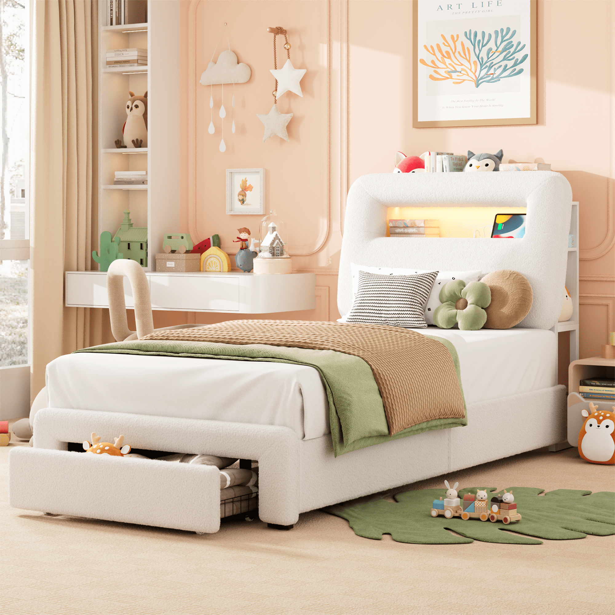 Gewnee Twin Size Bed Frame with Charging Ports & Under-Bed Storage Drawers, Solid Wood Slat Support with Center Leg, Easy Assembly