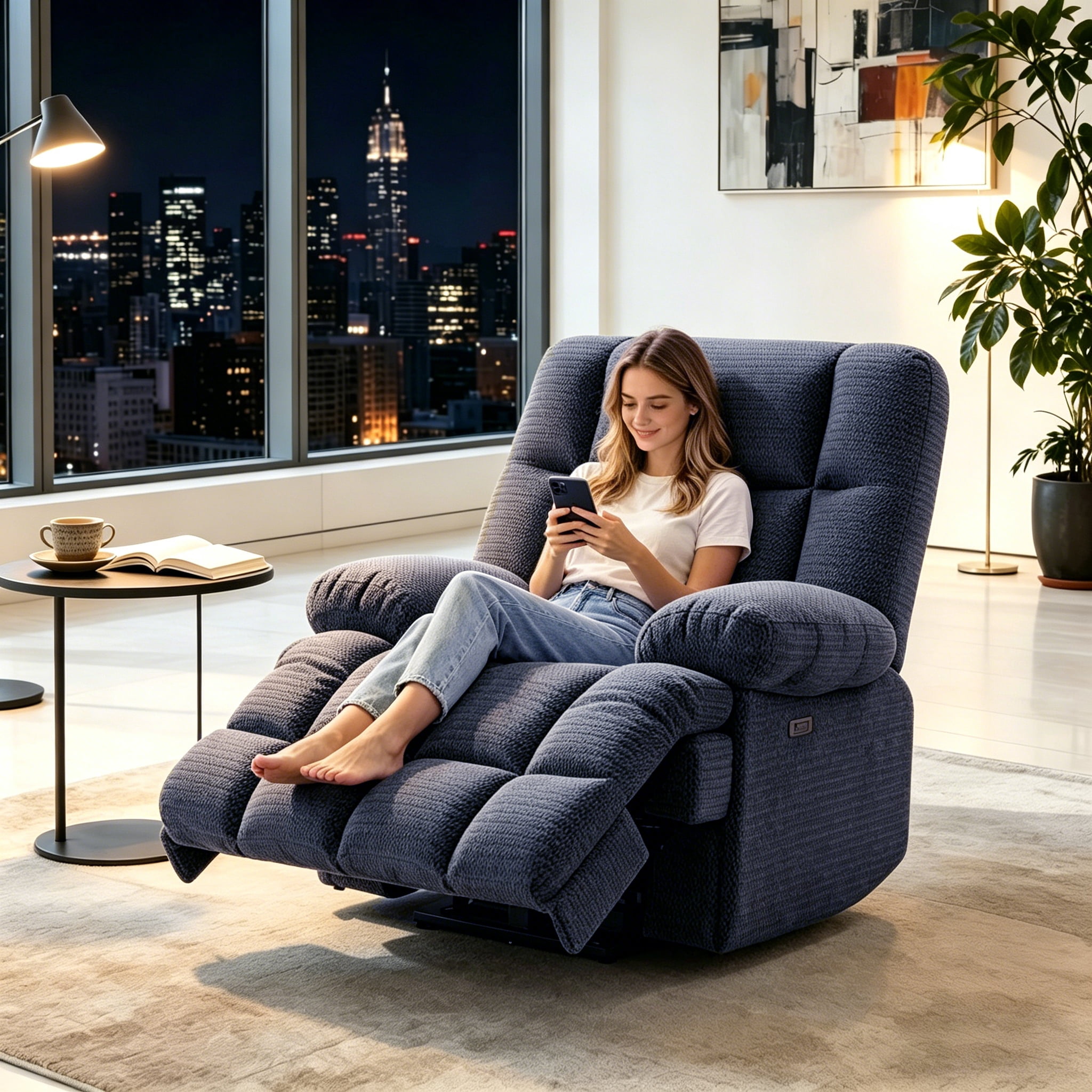 Gewnee Modern Fabric Power Reclining Sectional Sofa with USB Charging Ports, Solid Wood Frame, Padded Seats, for Living Room & Home,Blue