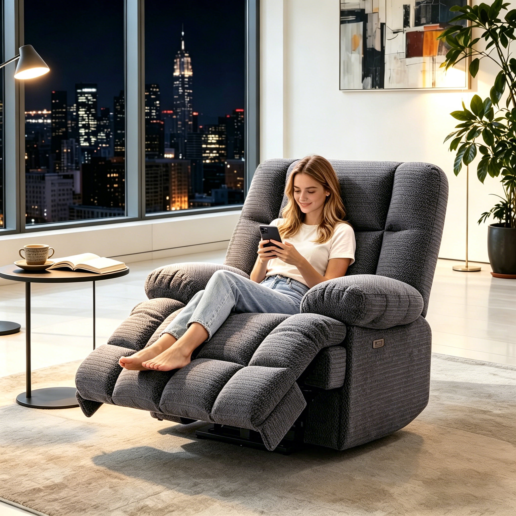 Gewnee Modern Fabric Power Reclining Sectional Sofa with USB Charging Ports, Solid Wood Frame, Padded Seats, for Living Room & Home, Grey