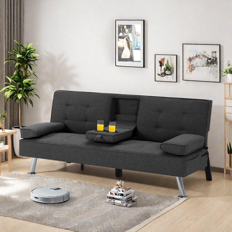 Gewnee Modern Futon Sleeper Sofa Bed Convertible Folding Recliner Couch Furniture with 2 Cup Holders for Livin g Room