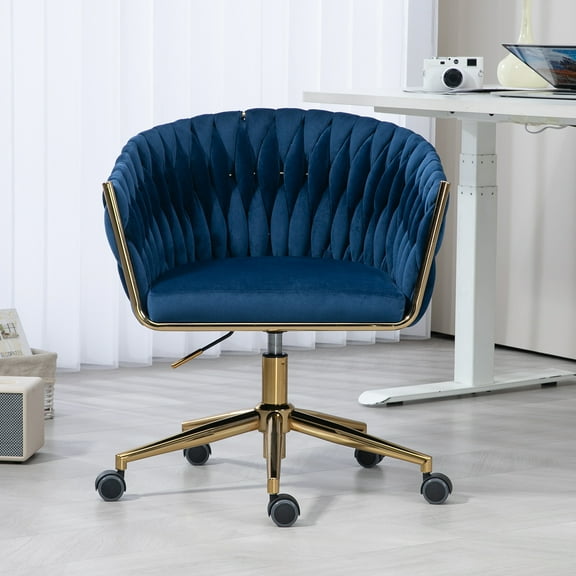 Gewnee Modern Hand-Woven Green Office Chair，Swivel Vanity Chair with Wheels, Height Adjustable & 360°Rotation for Bedroom, Living Room, Home Office （Blue）