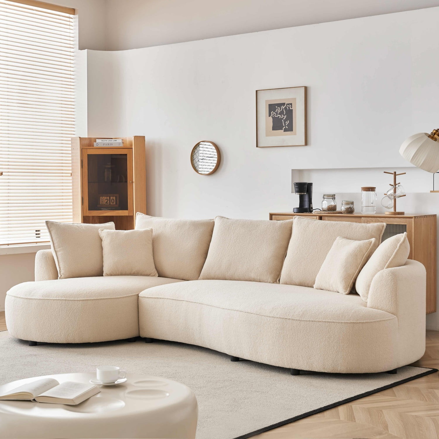 Gewnee 122.8" Curved Sofa Modern Curved Couch Living Room Modular Sectional Sofa, Mid Century Upholstered Couch Sherpa Boucle Fabric Sofa for Bedroom Apartment Left Hand Facing