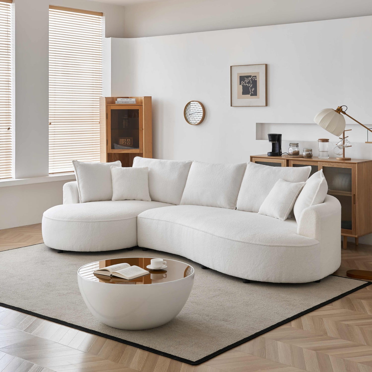Gewnee 122.8" Curved Sofa Modern Curved Couch Living Room Modular Sectional Sofa, Mid Century Upholstered Couch Sherpa Boucle Fabric Sofa for Bedroom Apartment Left Hand Facing