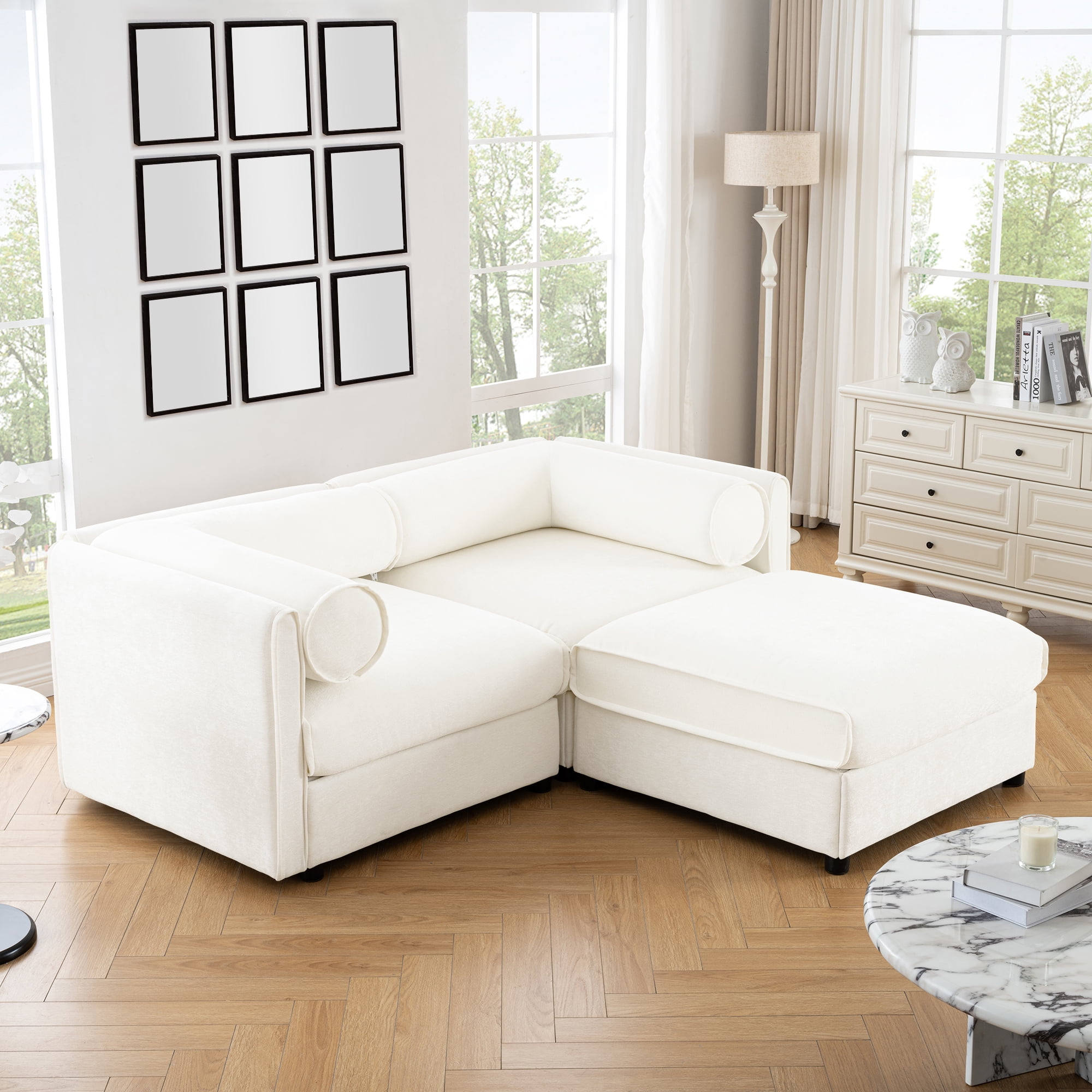 Gewnee Modern Stylish 75.5" Deep Seat White Chenille 2- Seaters Sofa Couch,Loveseat with Ottoman Hidden Storage Seat, Cylindrical Backrest and Armrests Sofa