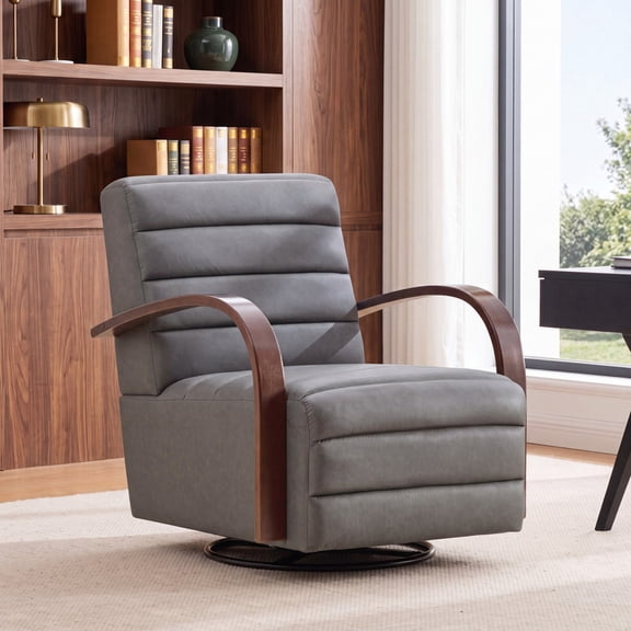 Gewnee Accent Chair, 360°Swivel Upholstered Reading Chair,Modern Armchair for Living Room, Bedroom & Home Office, Gray(Leather)