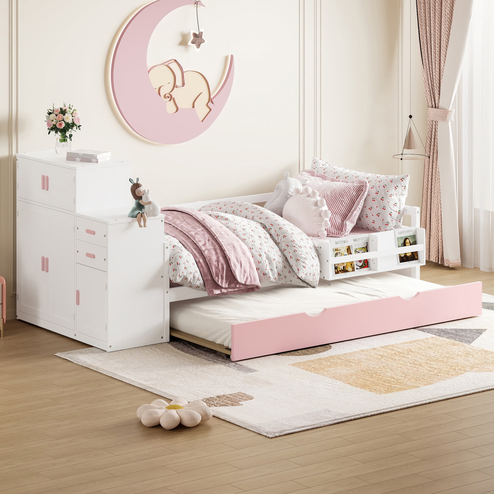 Gewnee Modern Twin Size Wood Platform Bed with Bookshelf and Movable Wardrob Bed Frame