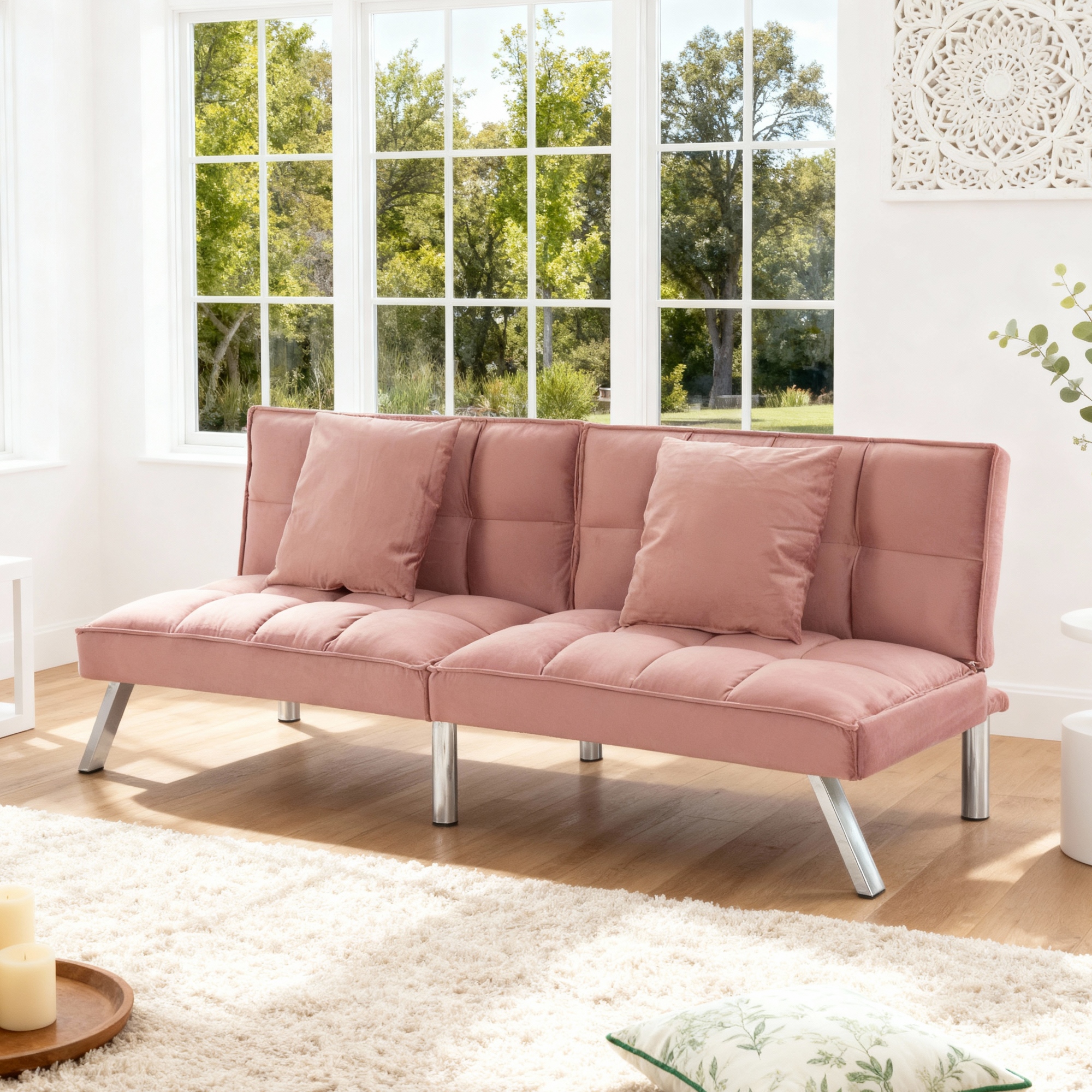 Gewnee Modern Velvet Futon Sofa Bed,67.7" Convertible Sleeper Sofa Bed with Throw Pillows，5 Adjustable Backrest Angles,Loveseat for Small Place,Rose Red