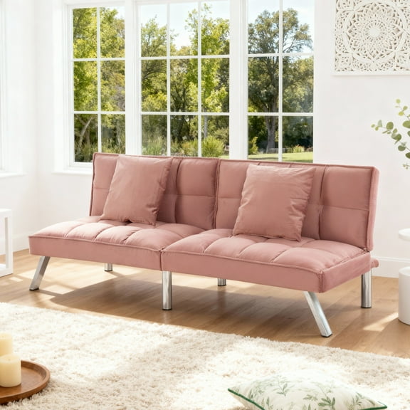 Gewnee Modern Velvet Futon Sofa Bed,67.7" Convertible Sleeper Sofa Bed with Throw Pillows，5 Adjustable Backrest Angles,Loveseat for Small Place,Rose Red