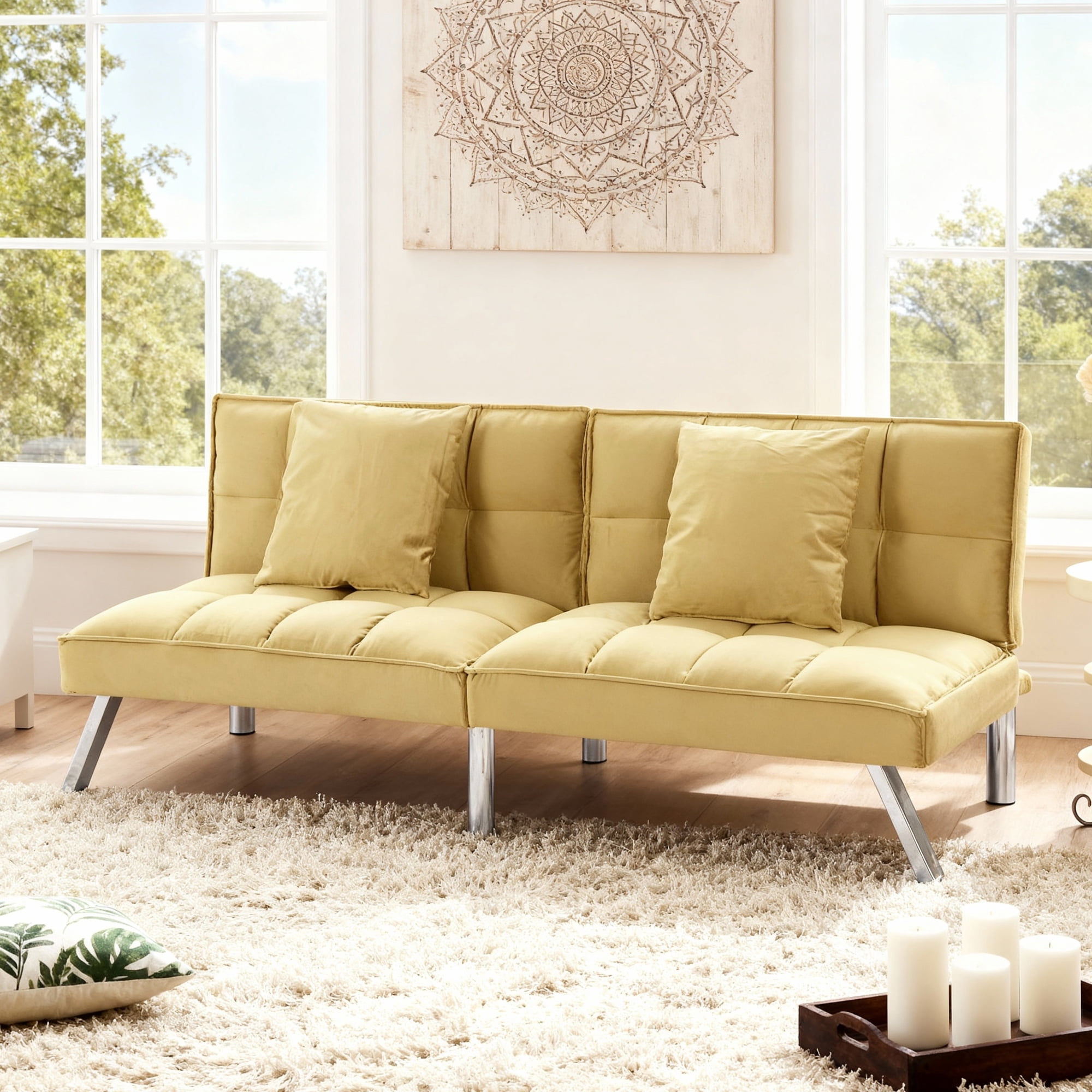Gewnee Modern Velvet Futon Sofa Bed,67.7" Convertible Sleeper Sofa Bed with Throw Pillows，5 Adjustable Backrest Angles,Loveseat for Small Place,Olive
