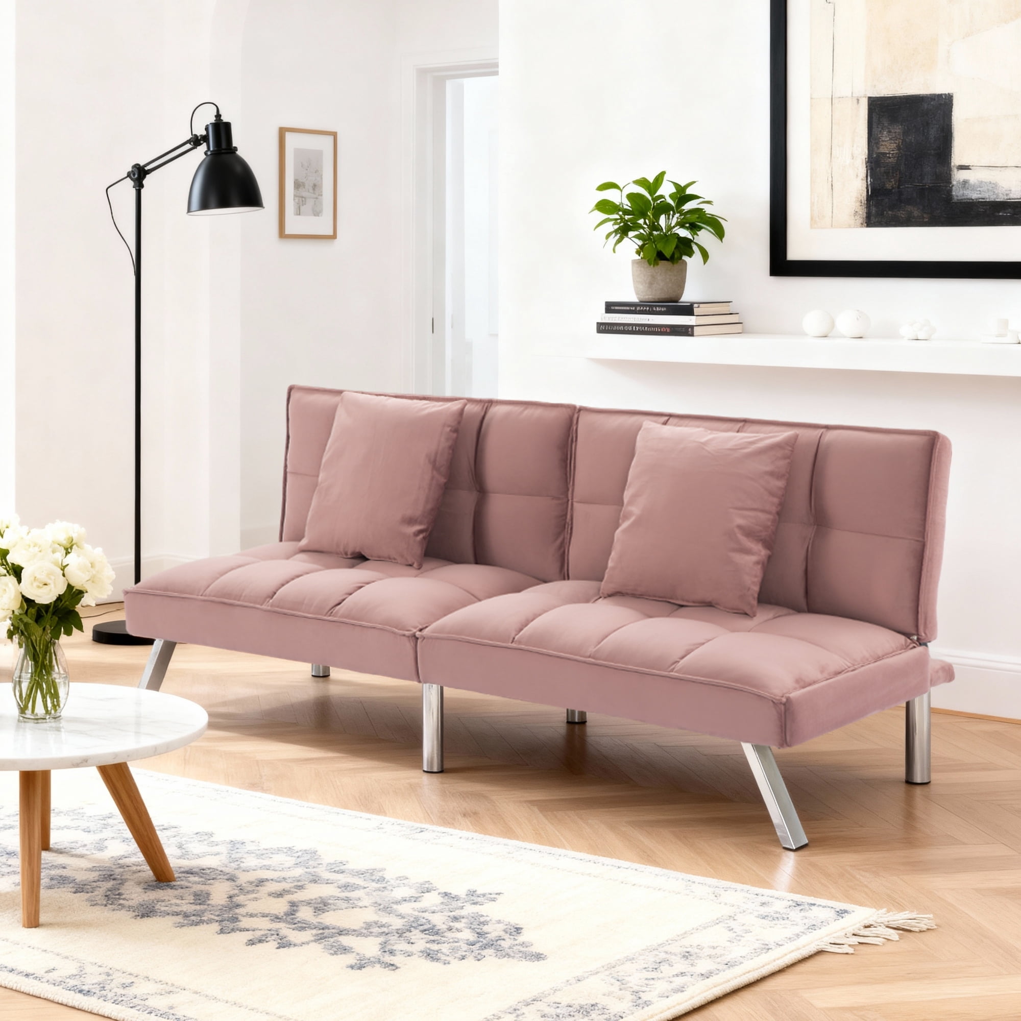 Gewnee Modern Velvet Futon Sofa Bed,67.7" Convertible Sleeper Sofa Bed with Throw Pillows，5 Adjustable Backrest Angles,Loveseat for Small Place,Pink