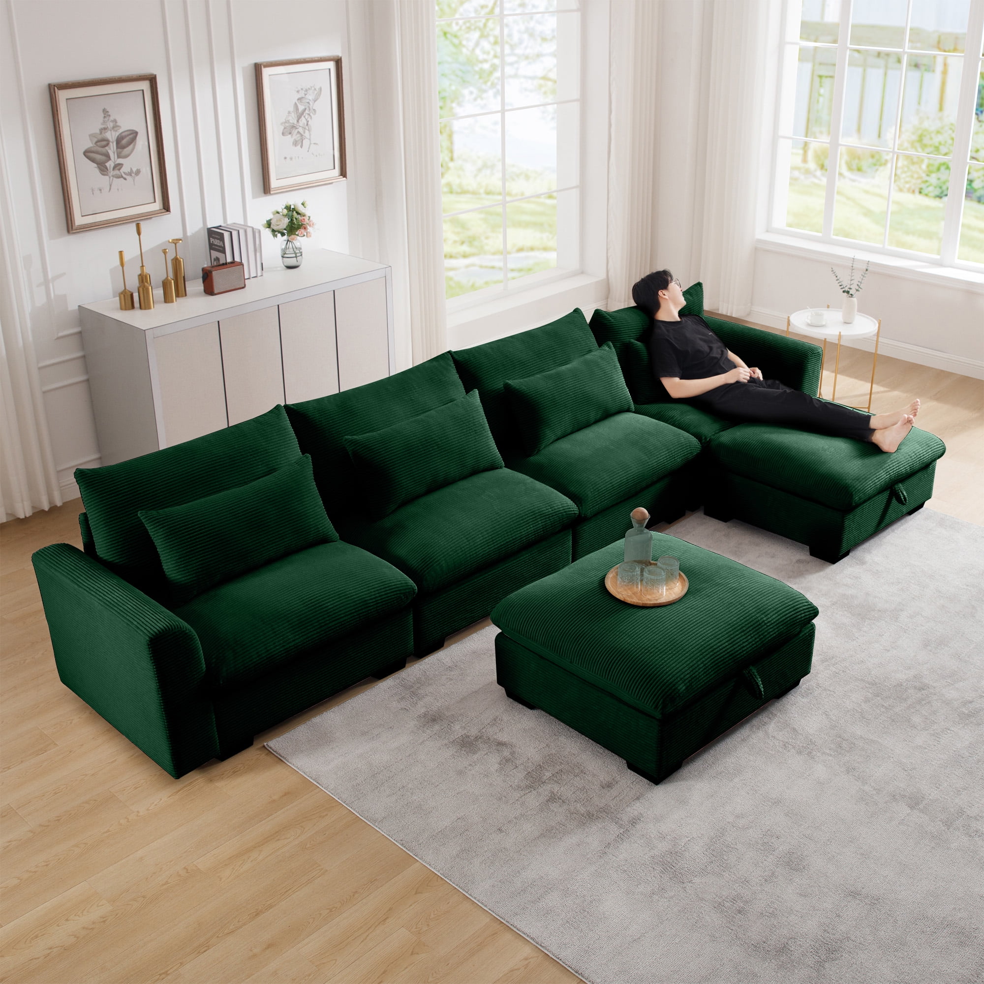 Gewnee Modular Deep Seat 157.5"Corduroy Sectional Sofa 4 Seats L Shape With 2 Storage Ottomans, Cloud Couch Oversize Sofa Couch for Living Room