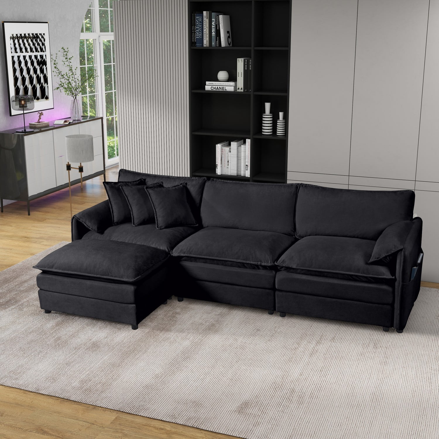 Gewnee Modular Deep Seat Free Combination Black Chenille Sectional Sofa with Movable Ottoman , Oversized L Shaped 3-Seater Comfy Cloud Couches Set for Living