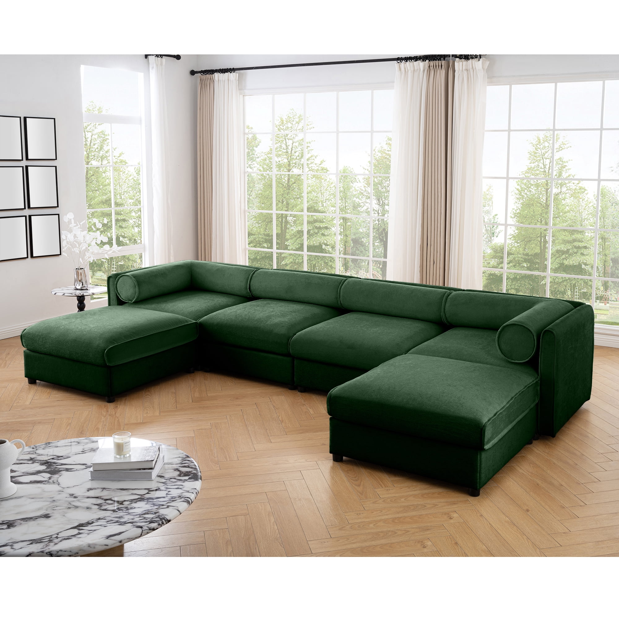 Gewnee Modular Oversize 142.5" Green Sectional Sofa Couch 4 Seats with 2 Storage Ottomans, Cylindrical Backrest and Armrests Deep Comfortable Seating,Durable and Supportive for Living Room