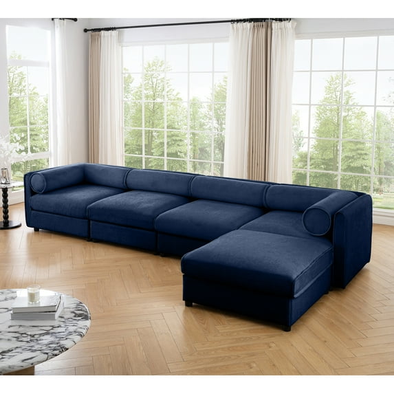 Gewnee Modular Oversize 142.5" Nave Blue Sectional Sofa Couch 4 Seats with 1 Storage Ottoman, Cylindrical Backrest and Armrests Deep Comfortable Seating,Durable and Supportive for Living Room