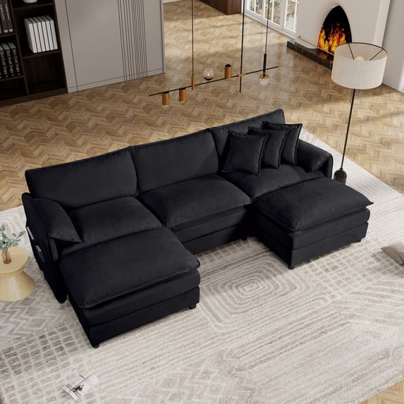 Gewnee Modular Oversized Deep Seat Black Chenille Sectional Sofa ,3-Seater Comfy Cloud Couches with 2 Movable Ottomans, U Shaped DIY Combination Couch Set for Living Room,