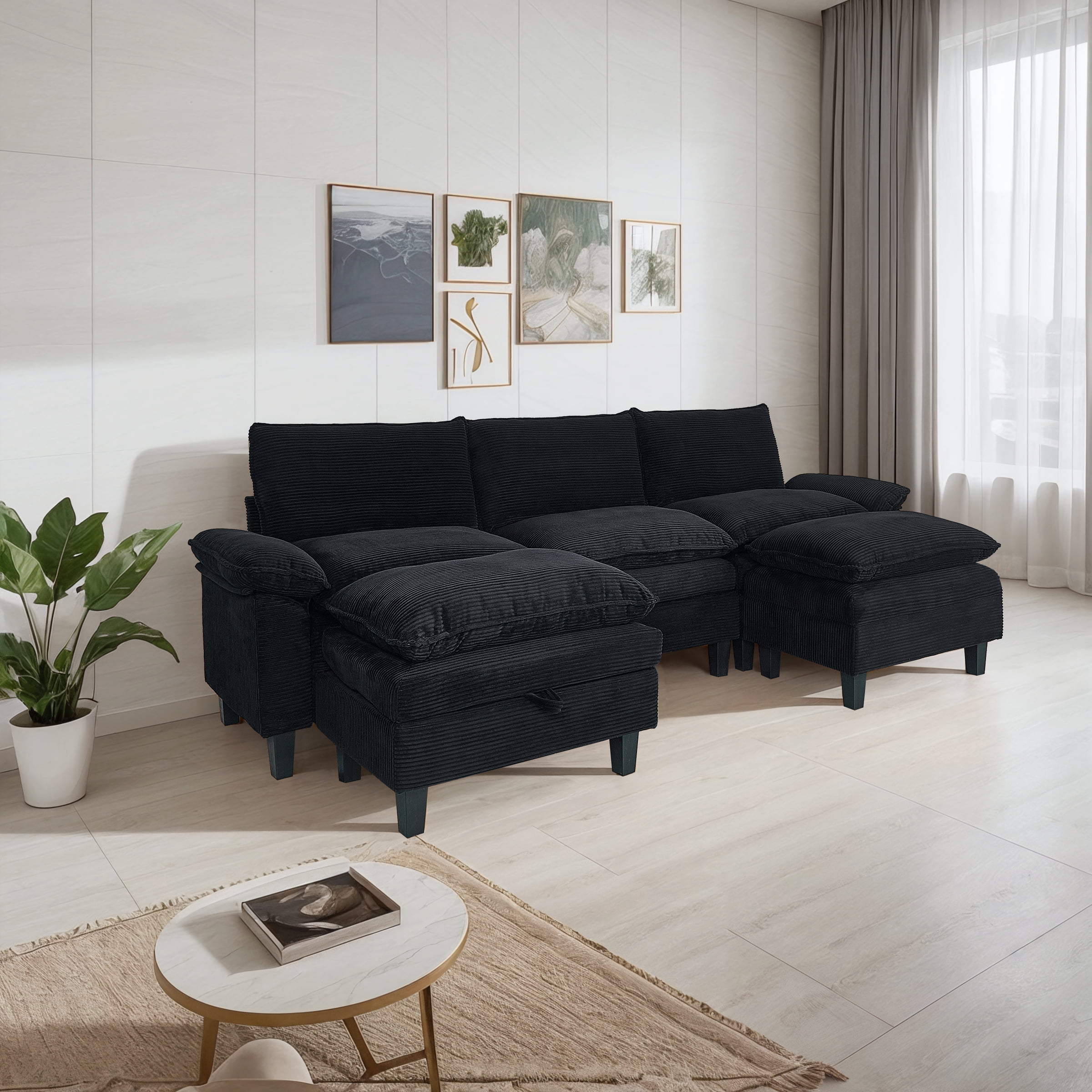 Gewnee Modular Sectional Sofa with Movable Storage Ottomans, U Shaped Cloud Couch for Living Room, 3-Seat