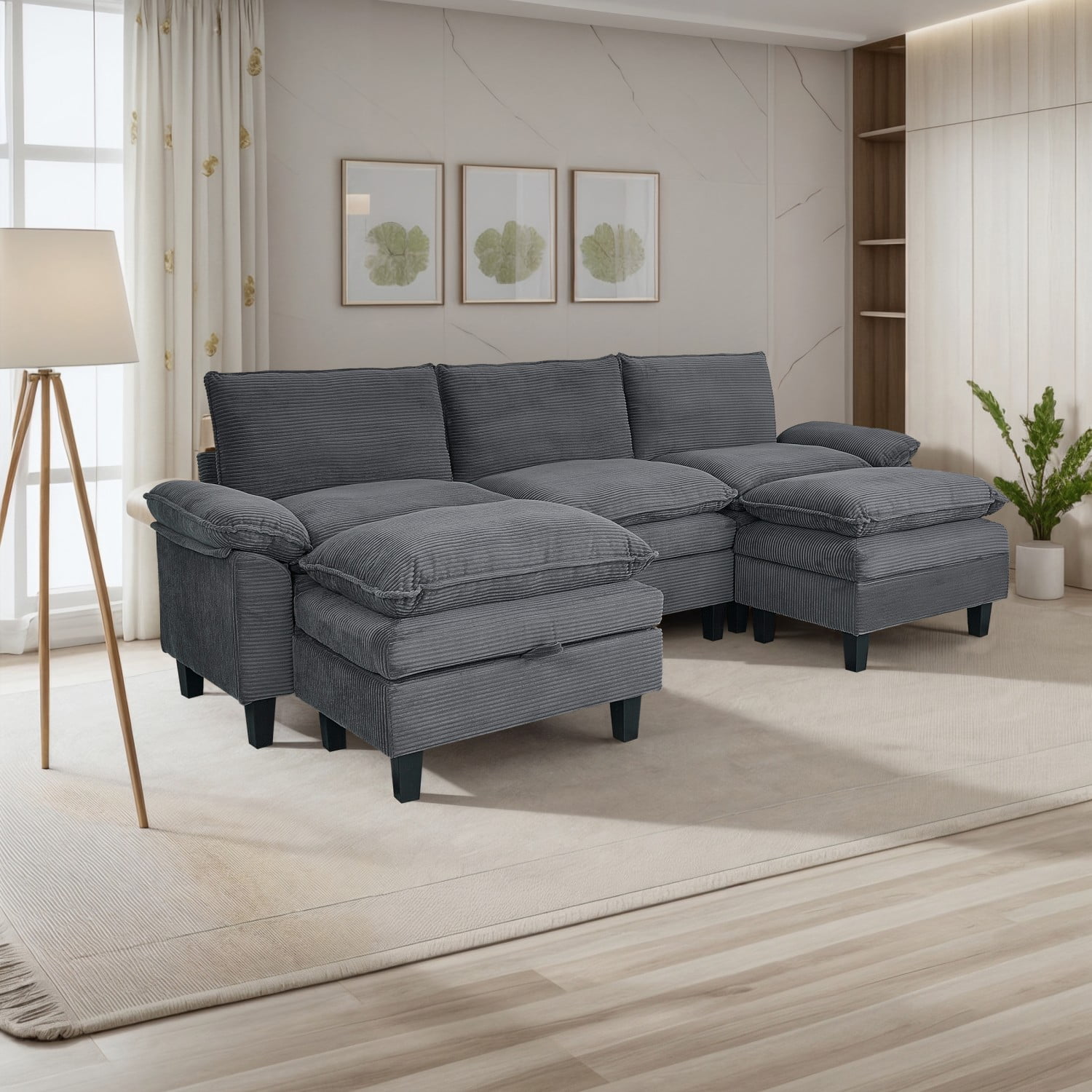 Gewnee Modular Sectional Sofa with Movable Storage Ottomans, U Shaped Cloud Couch for Living Room, 3-Seat