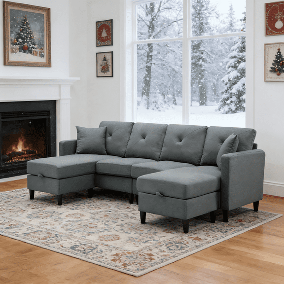 Gewnee Modular Sofas and Couches Sectional 4 Seater U Shaped Sofa with Storage Ottoman (Gray)