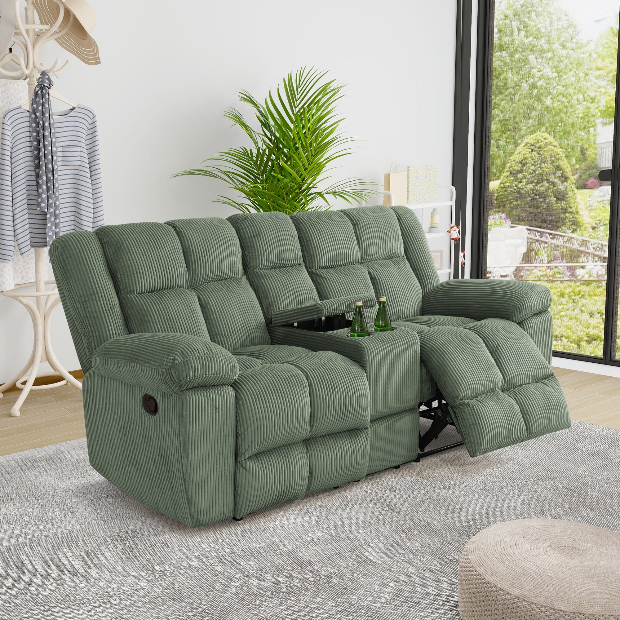 Gewnee Multifunctional Loveseat, Cup Holders, Corduroy Upholstery, Solid Wood Frame, Ideal for Living Room, Green