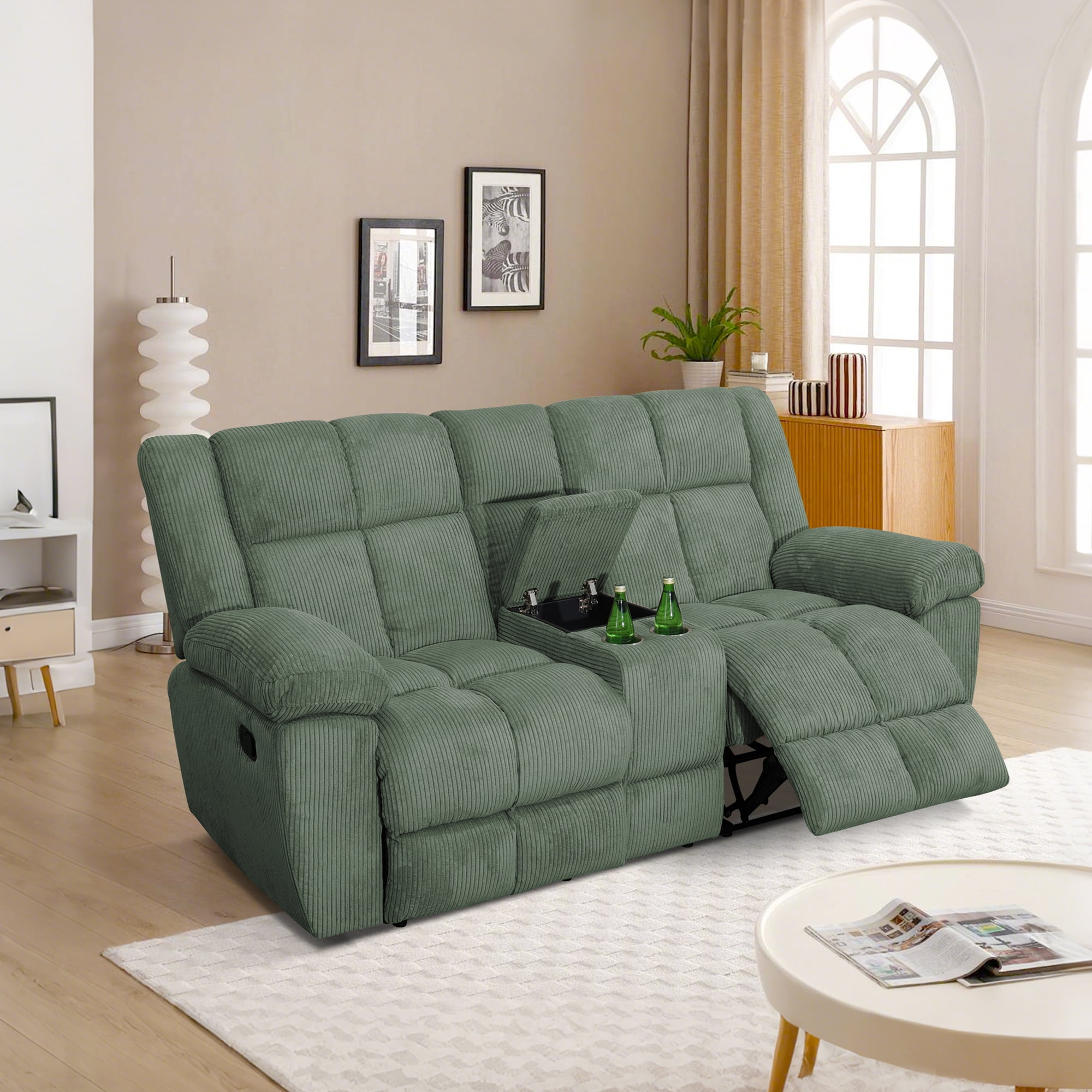 Gewnee Multifunctional Loveseat, Cup Holders, Corduroy Upholstery, Solid Wood Frame, Ideal for Living Room, Green