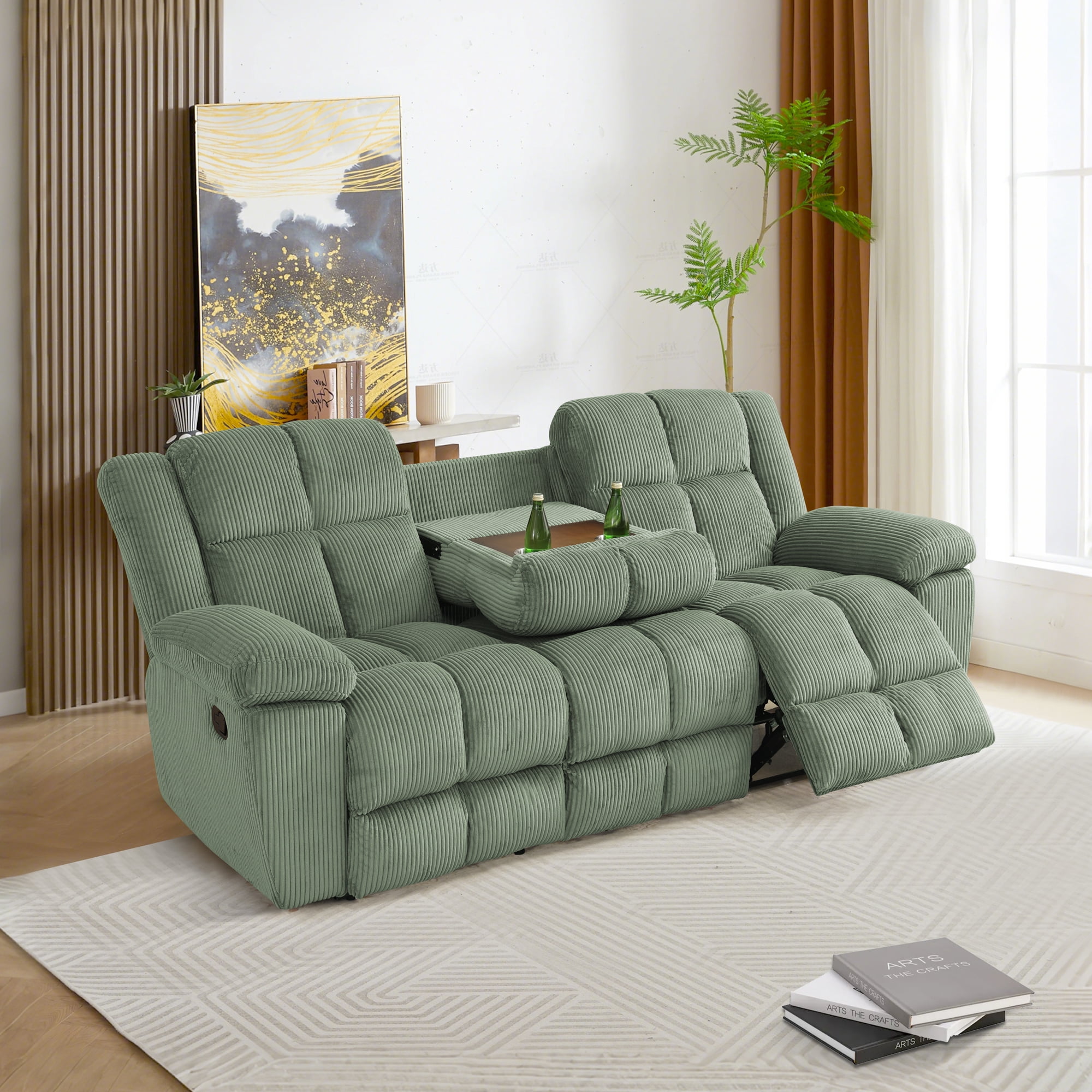 Gewnee Multifunctional Sofa, Foldable Table, Corduroy Upholstery, Solid Wood Frame, Ideal for Living Room, Green
