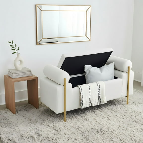 Gewnee Multifunctional Storage Bench - Soft Linen Cushion, Sturdy Iron Legs, White - Ideal for Window Seats & Ottomans