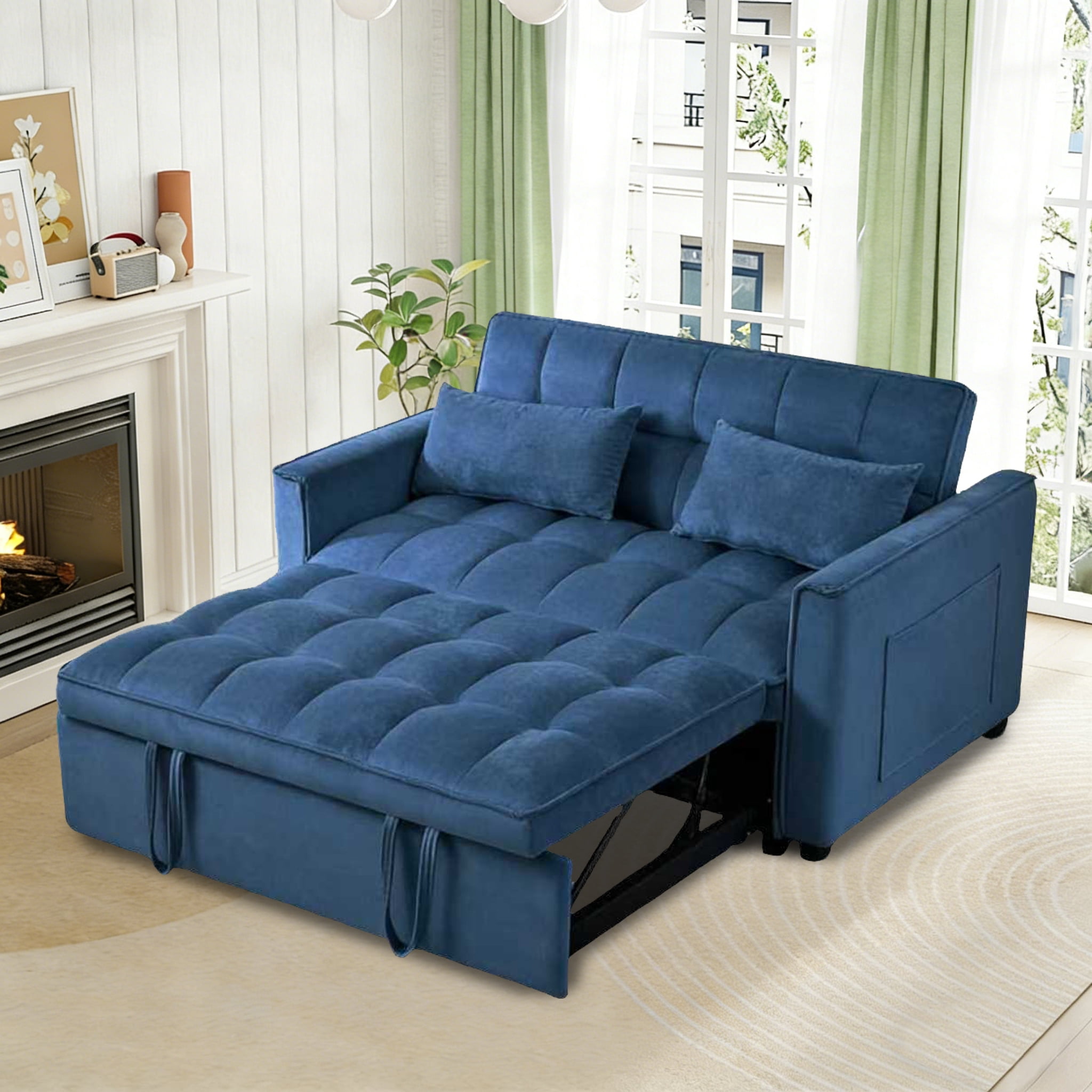 Gewnee 52.75" Convertible Sleeper Sofa Bed,Pull Out Couch with Adjustable Backres & Side Pockets for Living Room,Apartment.Blue