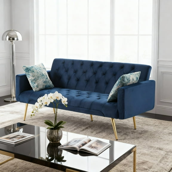 Gewnee Navy Blue 68.31" Futon Sofa Bed, Solid Eucalyptus Wood Frame, Golden Metal Legs, 5 Adjustable Backrest, 2 Pillows for Home Office Guest Room