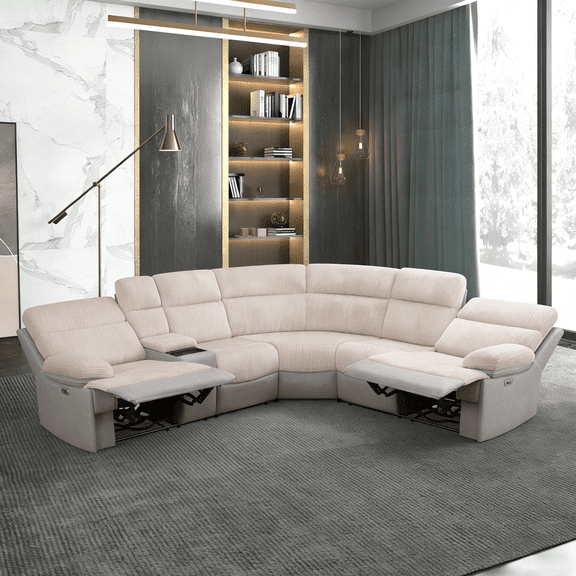 Gewnee Off-White Striped Fabric Multi-Functional Smart Sofa with Cup Holder, USB/Wireless Charging, LED Light & Storage, for Living Room