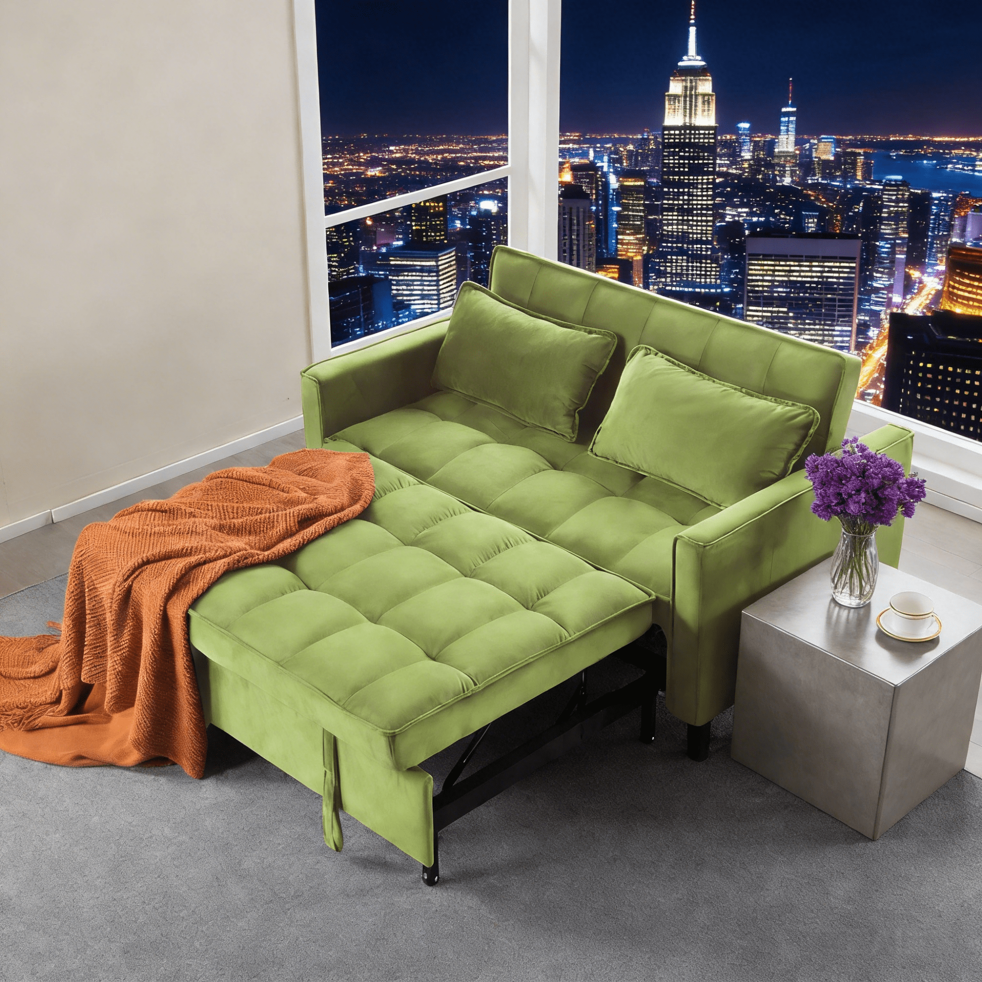 Gewnee 53.94" Pull-Out Sofa Bed – Convertible Twin Size Sleeper Bed,3 Adjustable Backrest Angles & Storage Side Pocket for Living Room,Office,Guest Room.Olive Green