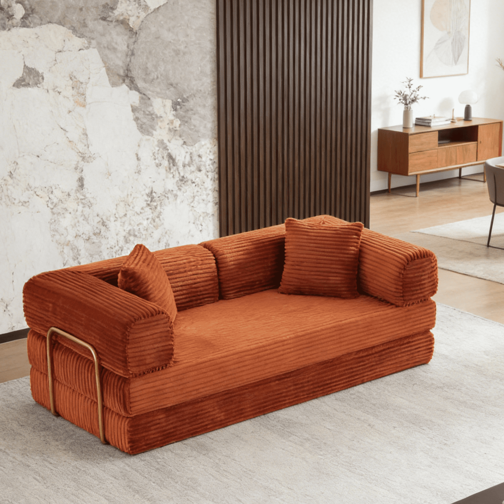 Gewnee Orange 2-in-1 Convertible Corduroy Sofa Bed with High-Density Sponge No Assembly for Apartment Dorm Office