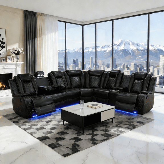 Gewnee Oversize Power Reclining Sofa, Air Leather, LED Light, Wireless Charging, Cup Holder, for Living Room Home Theater, Black