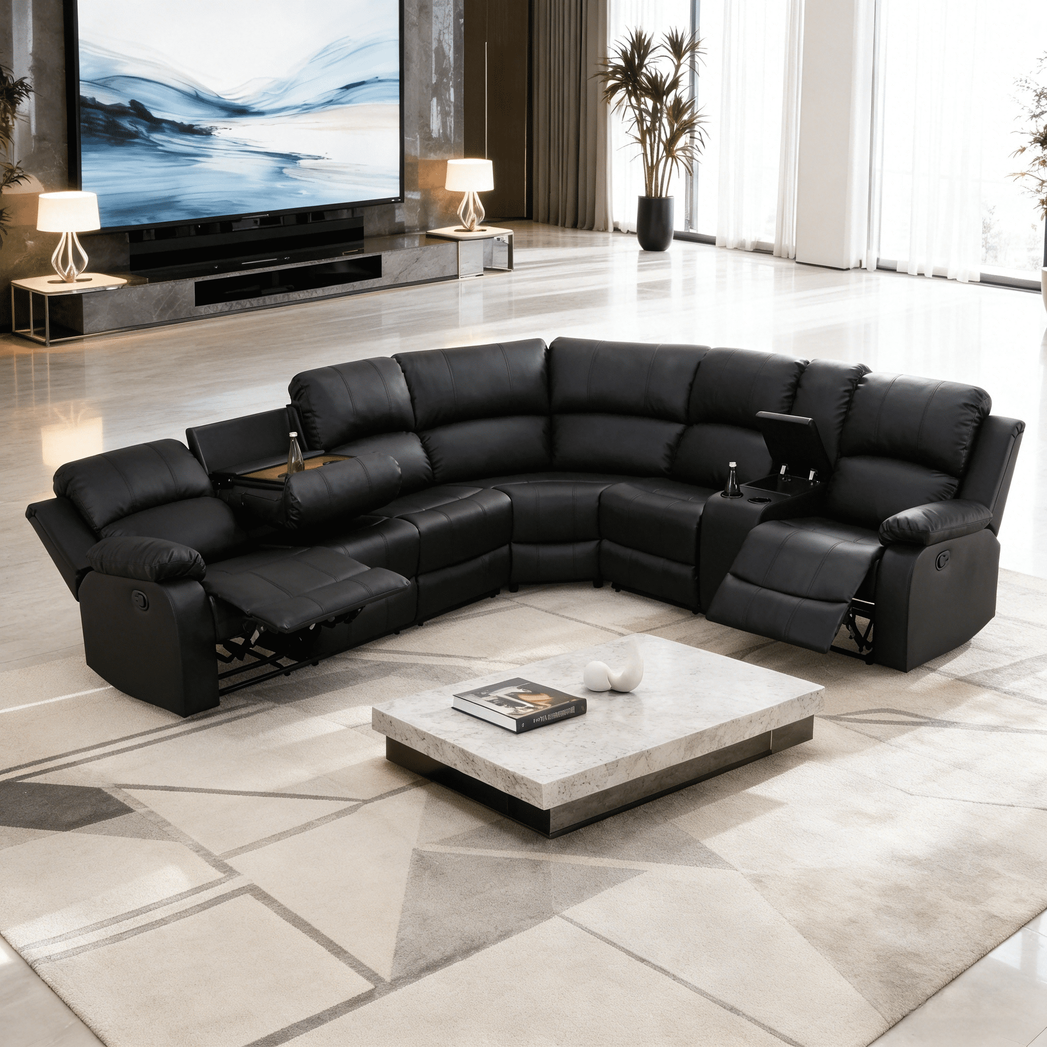 Gewnee Oversized Air Leather Manual Reclining Sectional Sofa with Storage Cup Holder Flip Table for Living Room, Black